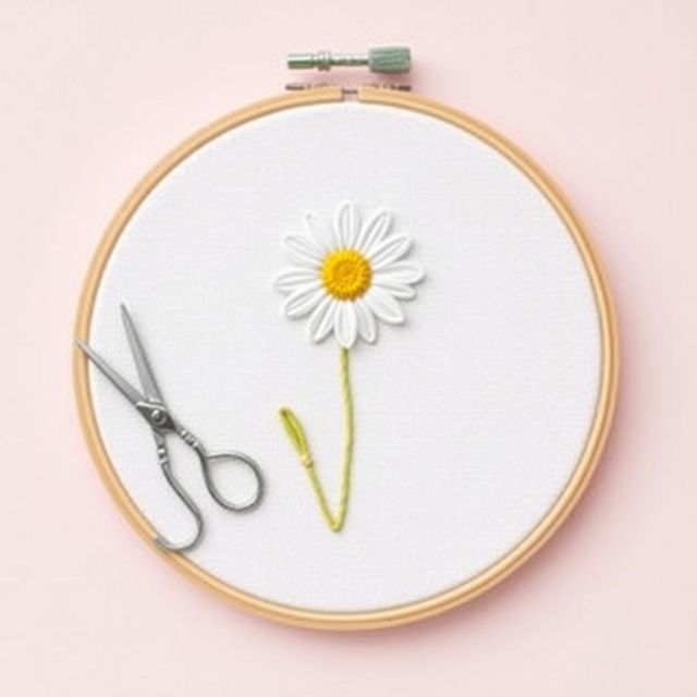 A simple and minimalist design featuring a needle and thread sewing a daisy flower