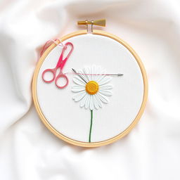 A simple and minimalist design featuring a needle and thread sewing a daisy flower
