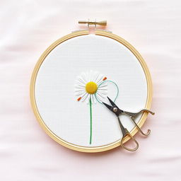 A simple and minimalist design featuring a needle and thread sewing a daisy flower