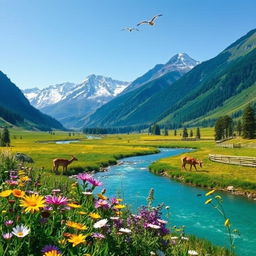 A serene landscape featuring a lush, green valley with a crystal-clear river flowing through it