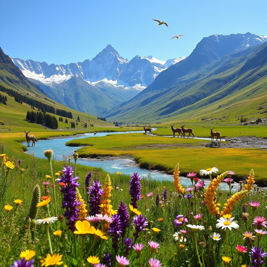 A serene landscape featuring a lush, green valley with a crystal-clear river flowing through it