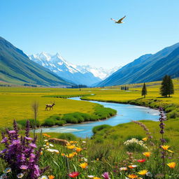 A serene landscape featuring a lush, green valley with a crystal-clear river flowing through it