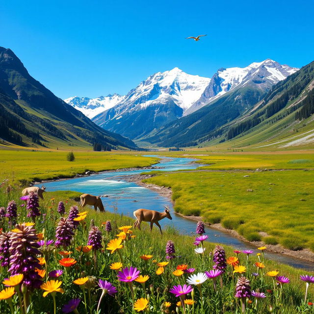 A serene landscape featuring a lush, green valley with a crystal-clear river flowing through it