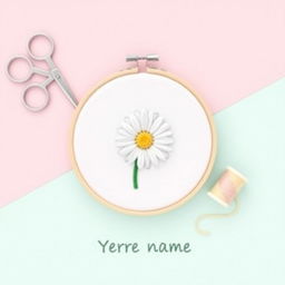 A simple and minimalist design featuring a needle and thread sewing a daisy flower on fabric