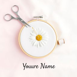 A simple and minimalist design featuring a needle and thread sewing a daisy flower on fabric