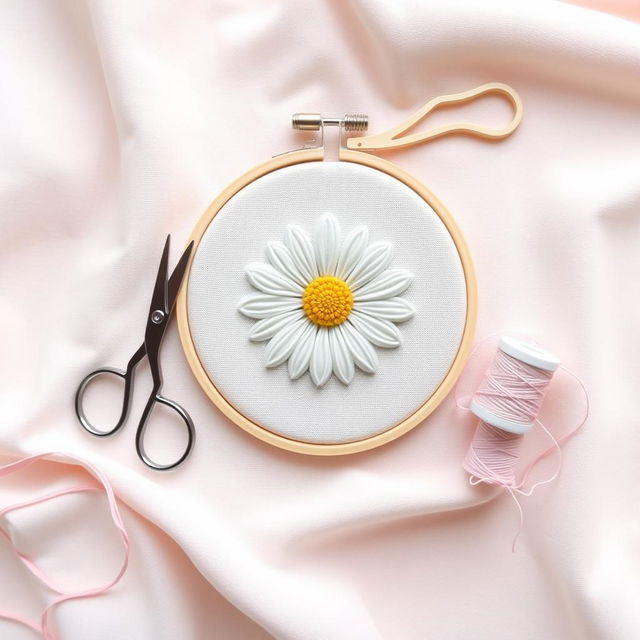 A simple and minimalist design featuring a needle and thread sewing a daisy flower on fabric