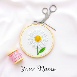 A simple and minimalist design featuring a needle and thread sewing a daisy flower on fabric