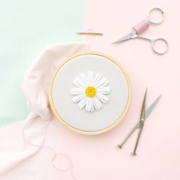 A simple and minimalist design featuring a needle and thread stitching a daisy flower on fabric