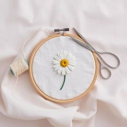 A simple and minimalist design featuring a needle and thread stitching a daisy flower on fabric