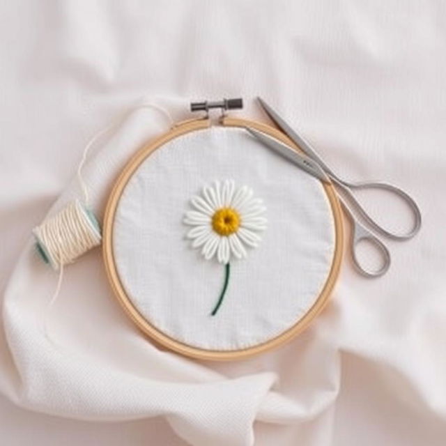 A simple and minimalist design featuring a needle and thread stitching a daisy flower on fabric