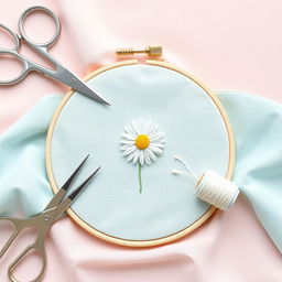 A simple and minimalist design featuring a needle and thread stitching a daisy flower on fabric