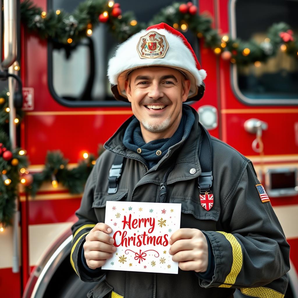 A cheerful firefighter standing next to a fire truck, wearing a Santa hat and decorated with Christmas ornaments