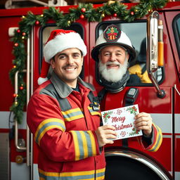 A cheerful firefighter standing next to a fire truck, wearing a Santa hat and decorated with Christmas ornaments