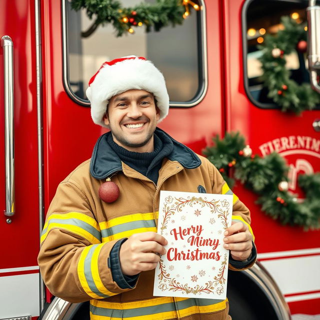 A cheerful firefighter standing next to a fire truck, wearing a Santa hat and decorated with Christmas ornaments