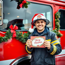 A cheerful firefighter standing next to a fire truck, wearing a Santa hat and decorated with Christmas ornaments