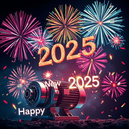 A vibrant and dynamic scene celebrating New Year 2025, featuring a detailed electric motor in the foreground illuminated by colorful fireworks bursting in the night sky