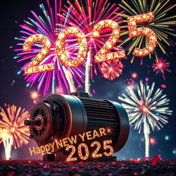 A vibrant and dynamic scene celebrating New Year 2025, featuring a detailed electric motor in the foreground illuminated by colorful fireworks bursting in the night sky