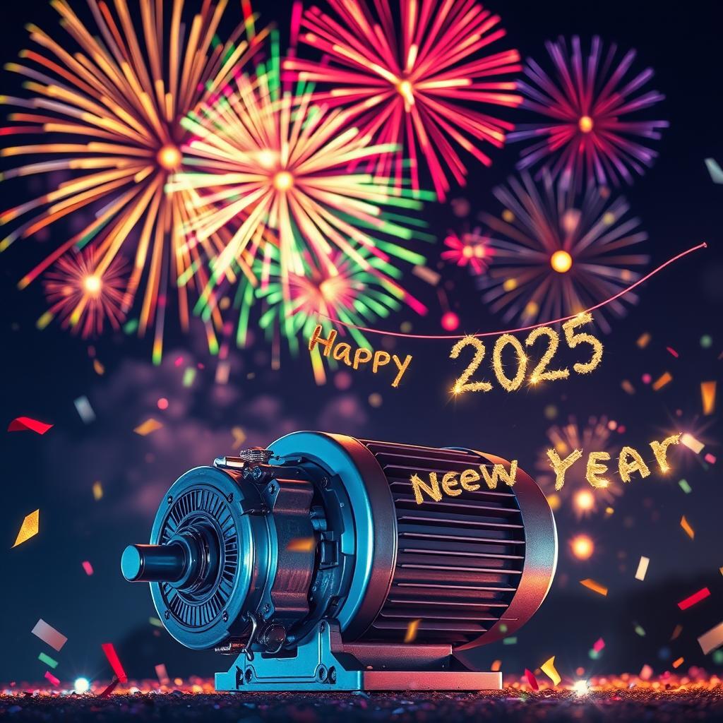 A vibrant and dynamic scene celebrating New Year 2025, featuring a detailed electric motor in the foreground illuminated by colorful fireworks bursting in the night sky