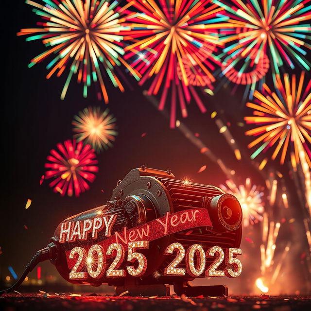 A vibrant and dynamic scene celebrating New Year 2025, featuring a detailed electric motor in the foreground illuminated by colorful fireworks bursting in the night sky