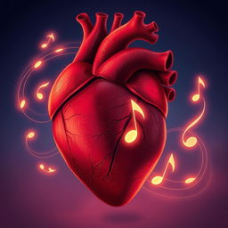 A close-up illustration of a human heart in vivid detail, surrounded by swirling musical notes softly illuminated in a twilight setting