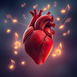 A close-up illustration of a human heart in vivid detail, surrounded by swirling musical notes softly illuminated in a twilight setting