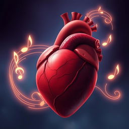 A close-up illustration of a human heart in vivid detail, surrounded by swirling musical notes softly illuminated in a twilight setting