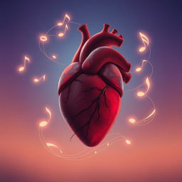 A close-up illustration of a human heart in vivid detail, surrounded by swirling musical notes softly illuminated in a twilight setting