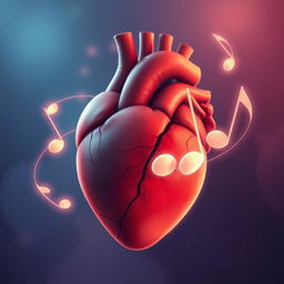 A close-up illustration of a human heart in vibrant detail, encircled by soft, translucent musical notes that convey a sense of silence and tranquility