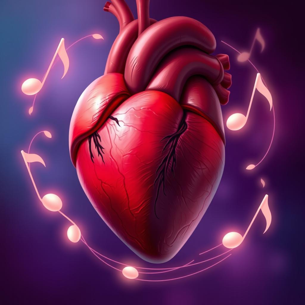 A close-up illustration of a human heart in vibrant detail, encircled by soft, translucent musical notes that convey a sense of silence and tranquility