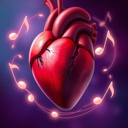 A close-up illustration of a human heart in vibrant detail, encircled by soft, translucent musical notes that convey a sense of silence and tranquility