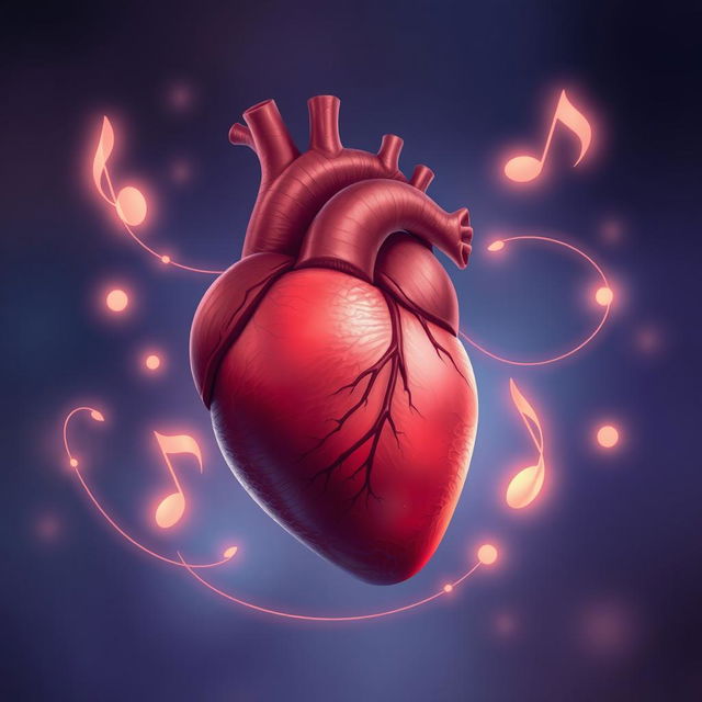 A close-up illustration of a human heart in vibrant detail, encircled by soft, translucent musical notes that convey a sense of silence and tranquility