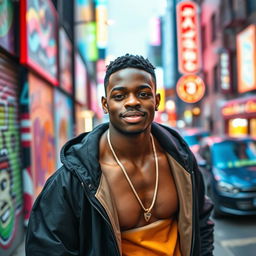 A strikingly handsome young black man showcasing impressive physique and confidence, standing in an urban setting with a vibrant city backdrop that includes colorful street art and lively nightlife