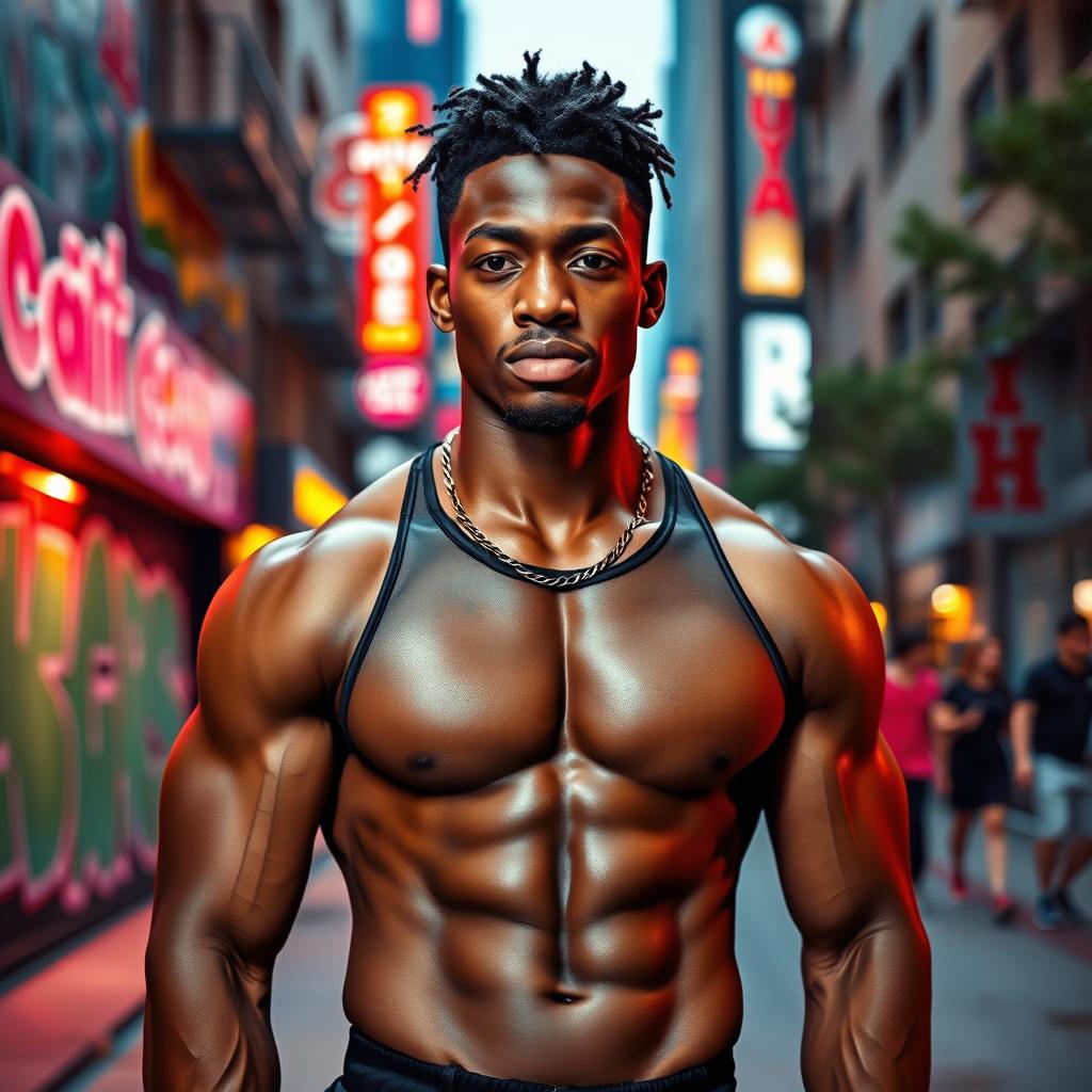 A strikingly handsome young black man showcasing impressive physique and confidence, standing in an urban setting with a vibrant city backdrop that includes colorful street art and lively nightlife