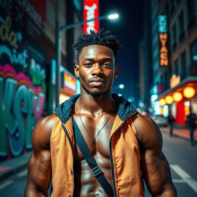 A strikingly handsome young black man showcasing impressive physique and confidence, standing in an urban setting with a vibrant city backdrop that includes colorful street art and lively nightlife