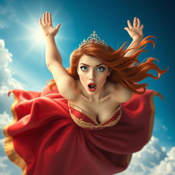 A sexy redhead princess with flowing wavy hair, wearing an elegant tiara, blue eyes sparkling in surprise, and luscious red lips