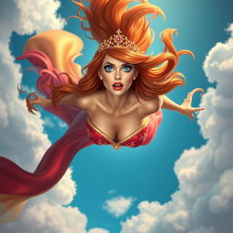A sexy redhead princess with flowing wavy hair, wearing an elegant tiara, blue eyes sparkling in surprise, and luscious red lips