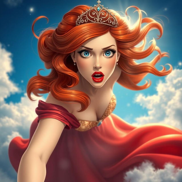 A sexy redhead princess with flowing wavy hair, wearing an elegant tiara, blue eyes sparkling in surprise, and luscious red lips