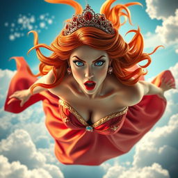 A sexy redhead princess with flowing wavy hair, wearing an elegant tiara, blue eyes sparkling in surprise, and luscious red lips