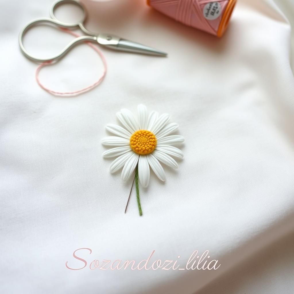 A minimalist and artistic design featuring a needle and thread stitching a daisy flower