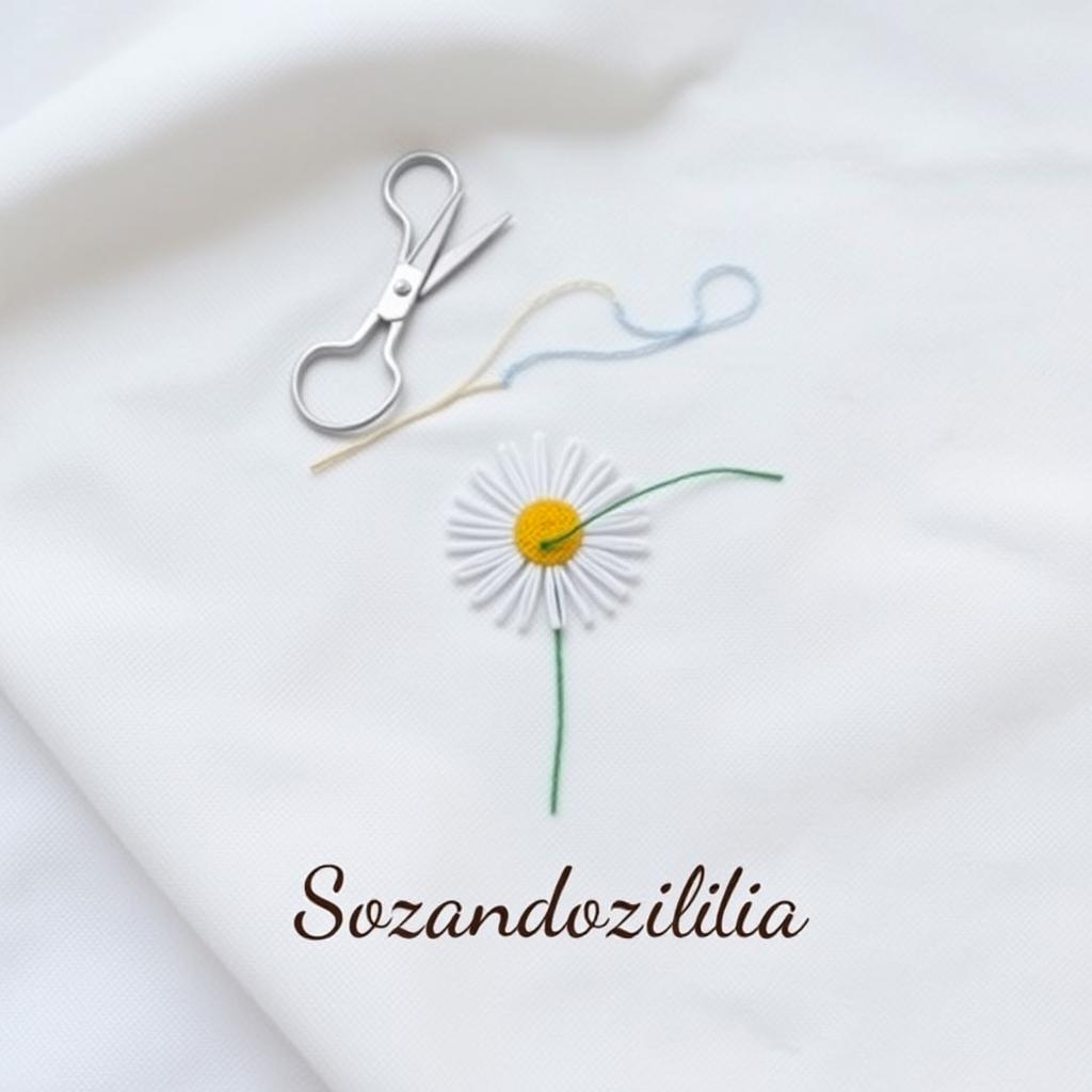 A minimalist and artistic design featuring a needle and thread sewing a daisy flower