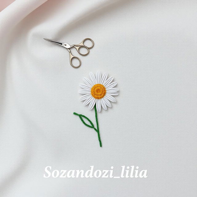 A minimalist and artistic design featuring a needle and thread sewing a daisy flower