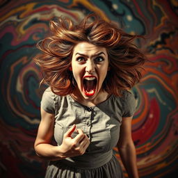 A woman with wild, unkempt hair, wide eyes filled with intensity, and an expression of pure madness, standing in a dramatic pose as she screams