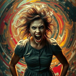 A woman with wild, unkempt hair, wide eyes filled with intensity, and an expression of pure madness, standing in a dramatic pose as she screams