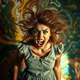 A woman with wild, unkempt hair, wide eyes filled with intensity, and an expression of pure madness, standing in a dramatic pose as she screams