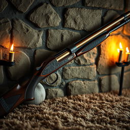 A medieval-inspired pump shotgun, designed with ornate engravings on the body, featuring a wooden stock and a blend of dark metals and polished brass
