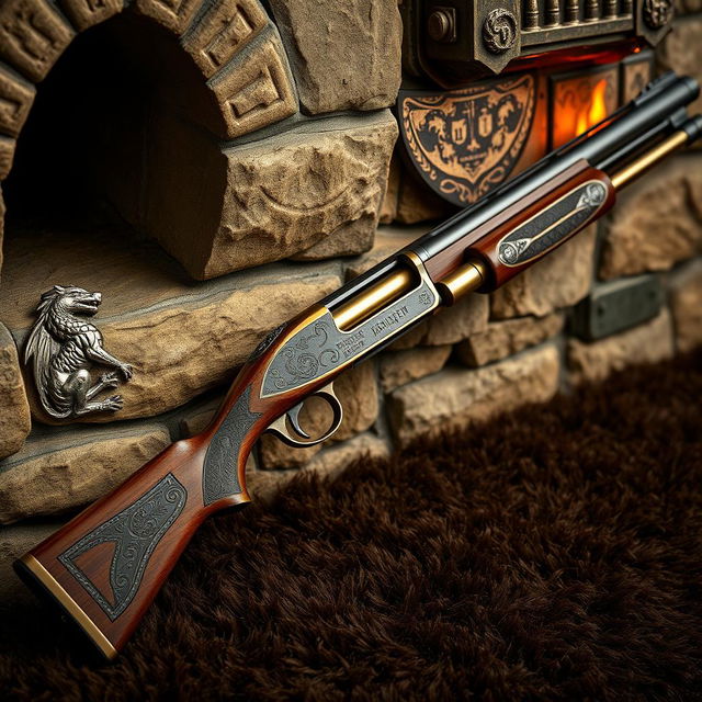 A medieval-inspired pump shotgun, designed with ornate engravings on the body, featuring a wooden stock and a blend of dark metals and polished brass