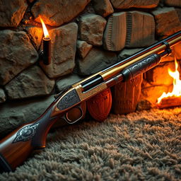 A medieval-inspired pump shotgun, designed with ornate engravings on the body, featuring a wooden stock and a blend of dark metals and polished brass