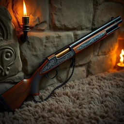 A medieval-inspired pump shotgun, designed with ornate engravings on the body, featuring a wooden stock and a blend of dark metals and polished brass
