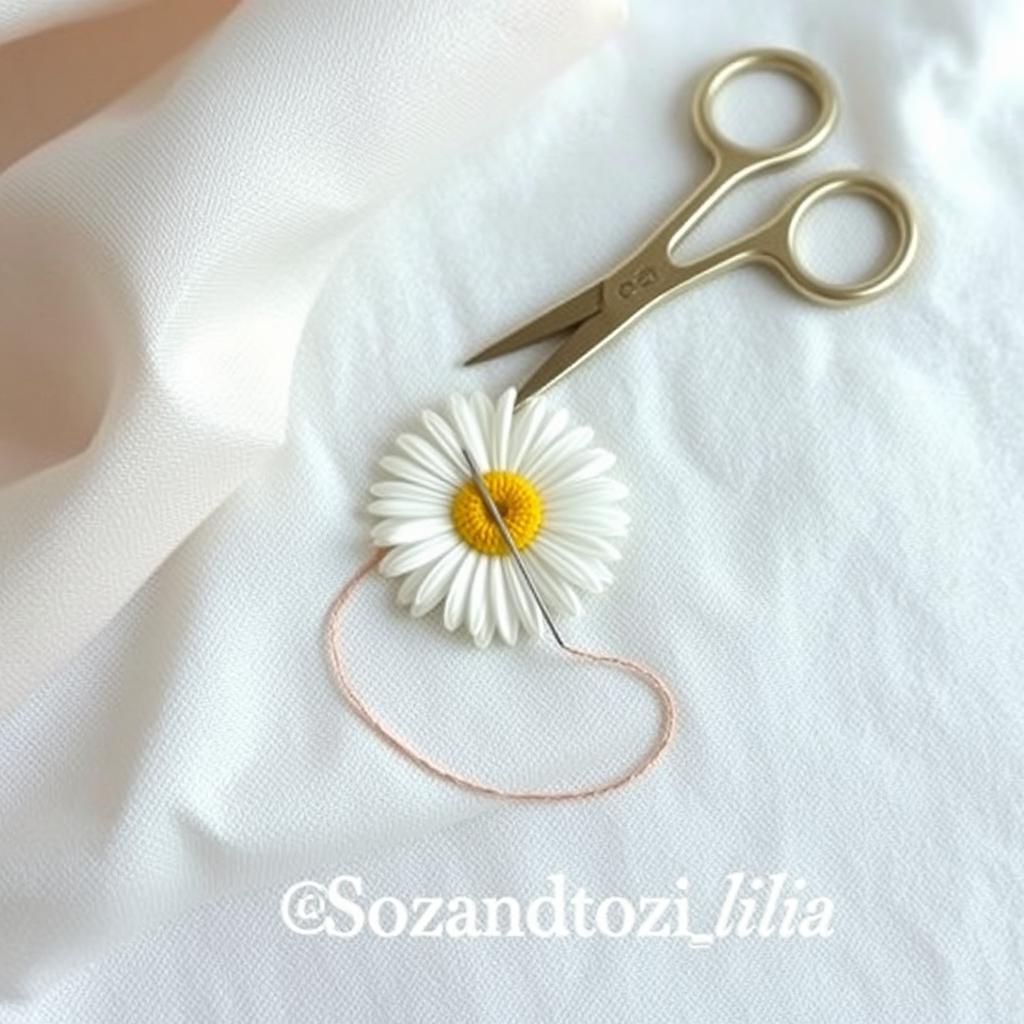 A minimalist and artistic design featuring a needle and thread sewing a daisy flower