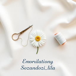 A minimalist and artistic design featuring a needle and thread sewing a daisy flower